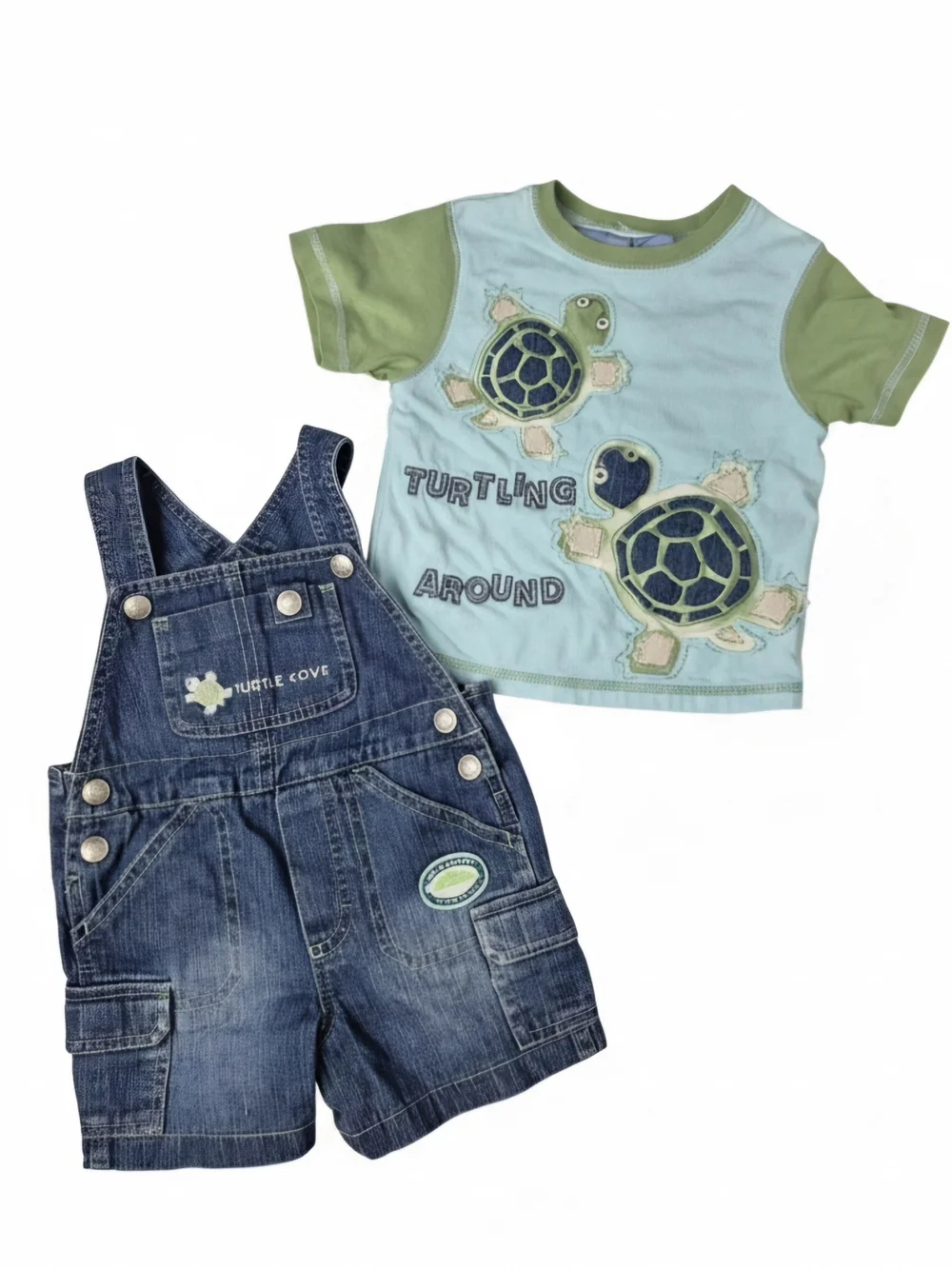Vintage Y2k Koala Kids Baby Boys 12M Denim Turtle Shortalls & T-Shirt Set
